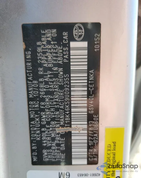 2009 Toyota Camry Se из США, поврежденный, VIN 4T1BK46K59U092355